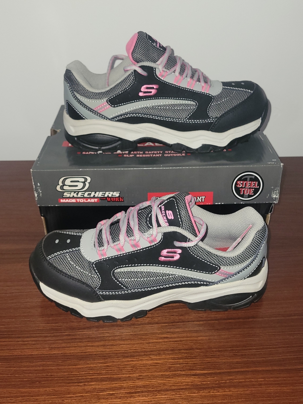 Skechers Women's Steel Toe Black & Pink Slip-Resistant Sneakers